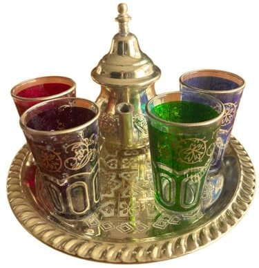 Théière Marocaine Artisanale 350ml avec Plateau Gravé en laiton doré et 4 Verres à Thé – Élégance Authentique de Fès