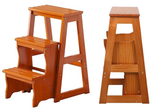 3-stufen-hockerstuhl Aus Holz Für Erwachsene, Solide Tragbare Klappleiter – Umwandelbarer Tritthocker-präsentationsständer Für Büro, Zuhause, Küche Und Außenbereich(Size:64cm(25.2),Color:Walnuss)