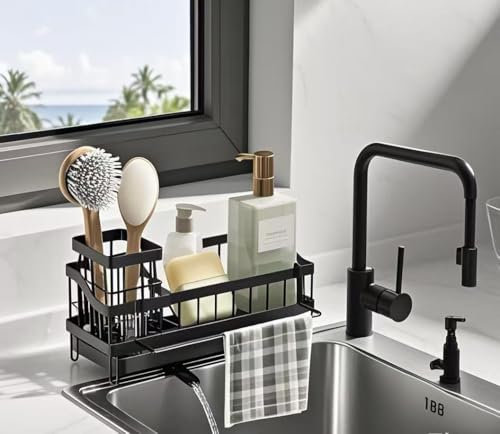 BANISIGA Spülbecken Organizer,Hängend oder Landung Kitchen Organizer,Schwammhalter,Spülmittel Halterung,Küchenorganisation Spüle,Spülutensilien Aufbewahrung,Schwarz