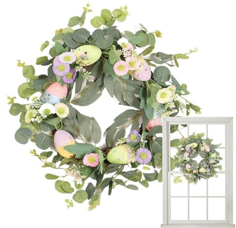 Osterkranz Mit Eier 35cm, Niedliche Frühlings Osterkränze Für Die Haustür,Osterkranz Mit Eiern Und Bunten Blumen, Frühlingsdekoration Für Haustür, Wanddekoration