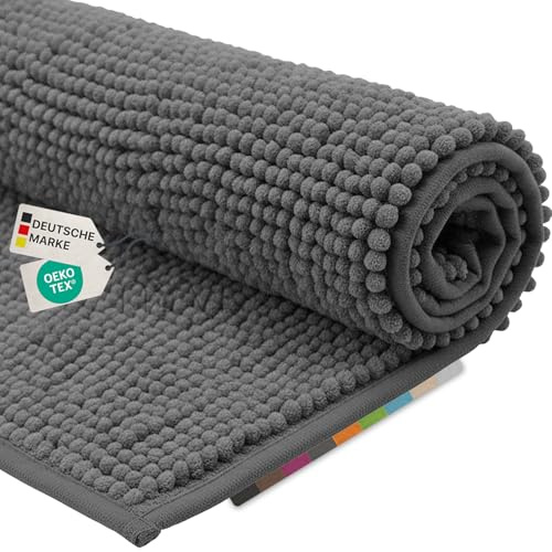 NYVI Badematte NYVISpa Chenille Badteppich 60x90 cm Rechteckig Grau | Rutschfest, Saugstark, Schnell Trocknend, Fußbodenheizung geeignet, OEKO-TEX, Waschbar, Weich
