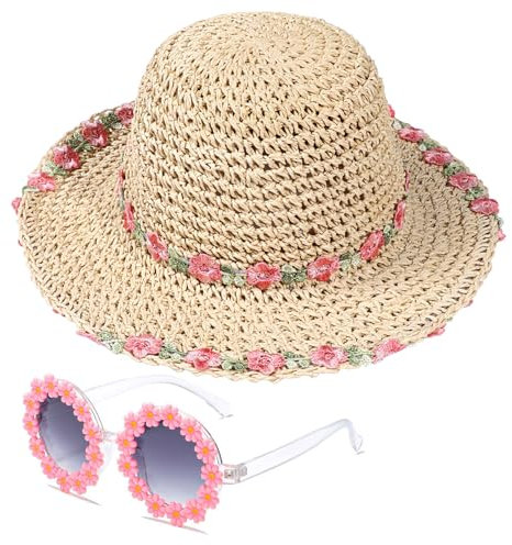 Chapeau de paille pour filles avec lunettes de soleil rondes et fleurs, pliable à large bord, tournesol, nœud, plage, tout-petit, 2 à 6 ans, Fleur beige-rose