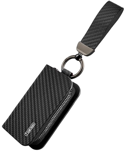 T-carbon Auto Schlüsseltasche aus Echte Kohlefaser, Leder AutoSchlüssel Tasche für Herren,Schlüsselanhänger mit Reißverschluss und Metallhaken,Schwarz