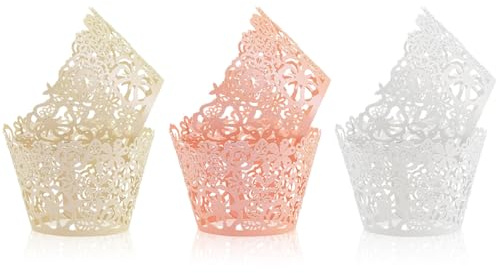 TRKETK 60 Pcs Cupcake Wrappers Lace Paper Baking Cups Liners Artistic Flower Cases Filigree Wedding Cupcake Papers Muffin Cups for Wedding Birthday Party Anniversaries Decoration (3 Colors)