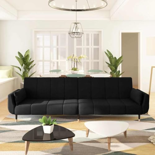 HUAKEHOM Schlafsofa 2-Sitzer Sofa Couch mit Schlaffunktion Sofabett Gästebett mit 2 Kissen Schlafcouch Bettsofa Wohnzimmer Modern Schwarz Samt