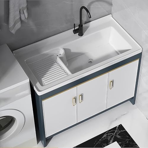 SnamicE Waschbecken mit Unterschrank,Waschschrank mit Wasserhahn und Keramikspüle,Waschbecken für die Waschküche,freistehendes Waschbecken mit Waschtischunterschrank,fü,White-91 * 50 * 80CM