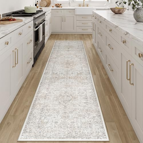 PureCozy Vintage Waschbarer Läufer Flur Beige Teppich 60x240cm | Rutschfest Kurzflor,Weich Cream Teppiche, Küchen ,Hallway,Wohnzimmer,Schlafzimmer,Bettvorleger,Büro,Retroteppiche