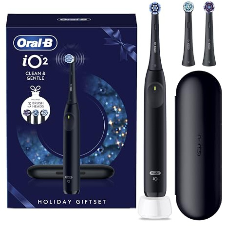 Oral-B iO2 Electric Toothbrush, Night Black, Limited Edition, Giftset | Travel Case, 3 Brush Heads, 3 Cleaning Modes, Gum Pressure Sensor, 2-Min Timer, Rechargeable Toothbrush for Adults