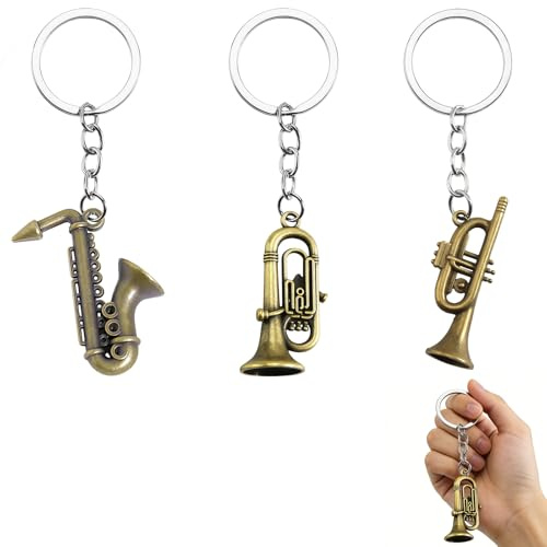 YEDOUALE 3 kreative Mini-Instrumente Schlüsselanhänger Set – Saxophon Trompete großes Instrument, Metall Schlüsselanhänger Anhänger, moderner Look, Geschenk für Frauen Freundin Schwester