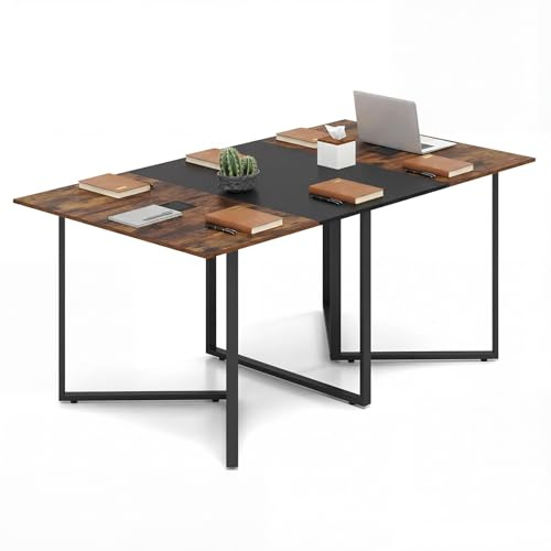 GYMAX Escritorio para Ordenador de 180 cm, Mesa de Conferencias para 6-8 Personas, Gran Mesa Rectangular con 2 Pasacables, Estilo Industrial, para Sala de Reuniones, Sala de Juntas, Oficina
