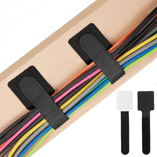 ColumPRO Under Desk Cable Management, Self Adhesive Cable Tidy with Hook and Loop Straps, Stick-On Cable Organiser for Desk, Office & Home, 40PCS 115mm, Black