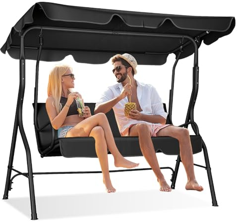 Peviasot 3-Sitzer Hollywoodschaukel Hochwertiger Gartenschaukel mit Verstellbarem Sonnendach Hängeschaukel aus Stahl bis 250 kg Belastbar für Garten, Pool, Terrasse, Anthrazit