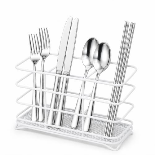 WINSOME Cutlery Drainer for Sink | Steel Cutlery Holder with 3 Separate Compartments | Open Mesh Base Cutlery Drying Rack to Prevent Water Pooling (White)