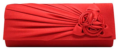 wocharm Damen Satin Clutch mit Rose Abend Hochzeit Party Abschlussball Braut Handtasche Damen Schultertasche, rot, 25cm*6cm*11cm