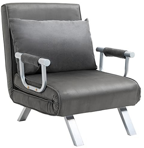 HOMCOM Fauteuil chauffeuse canapé-lit Convertible 1 Place déhoussable Grand Confort Coussin Pieds accoudoirs métal suède Gris