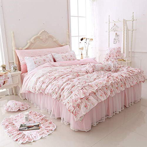 LELVA Romantic Rose Floral Print Duvet Cover Set with Bed Skirt Pink Lace Ruffle Shabby Chic Bedding Set King Size 4 Pieces