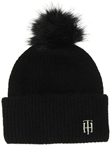 Tommy Hilfiger Damen TH Pompom Beanie Strickmütze,per Pack Schwarz (Black BDS),One Size (Herstellergröße:OS)