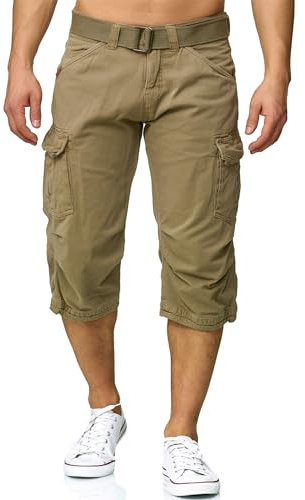 Indicode Herren Nicolas Check 3/4 Cargo-Shorts inkl. Gürtel | Herrenshorts aus Baumwolle Greige, M