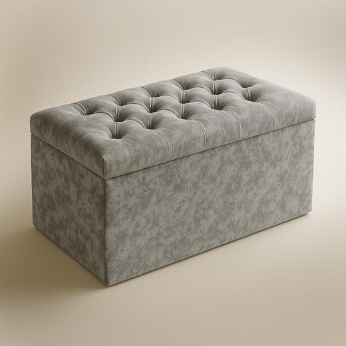 Spring Well Spanish Crushed Velvet Crystal, Diamante, Ottoman, Storage, Blanket Box (Grey, Large)