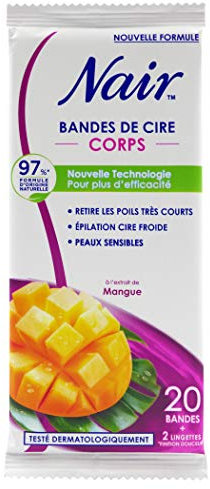 Nair - 20 Streifen Kaltwachs Mango – Beinentfernung – Ultra schnell & effektiv auf sehr kurzen Haaren – 2 Tücher