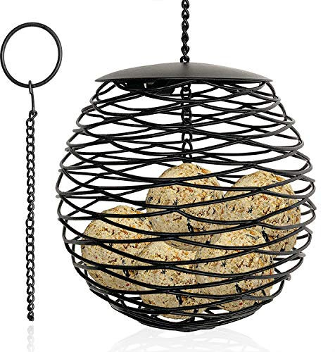 Zeqeey Meißenknödelhalter Futterspender für Wildvögel, Durchmesser 13cm, großes Fassungsvermögen Bird Feeder für Meisenknödel Brot Kekse, Metall, Schwarz