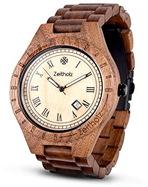 Zeitholz Holzuhr für Herren - Modell Zittau, handgefertigt aus 100% natürlichem Walnuss und Ahorn mit Quarzwerk - Leichte analoge Uhr mit Holzmaserung für Ihn (Walnuss und Ahorn)