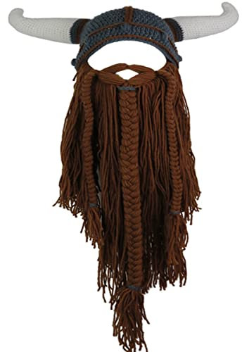 YEKEYI Big Horn Wikingermütze Beanie Bart Wikinger Strickmütze Barbarian Lustige Skimütze Lustige Halloween Mütze Weihnachtsmütze, coffee, 7 1/8, 58