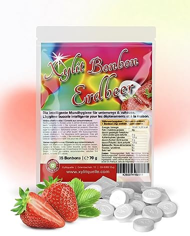 Xylit Bonbons Erdbeere, Tschüß Karies: zuckerfrei mit 100% Xylit, 35 Stk | Xylit Birkenzucker Bonbons - zuckerfrei, zahnfreundlich, kalorienreduziert & vegan - 35 Zahnpflegebonbons, 70g