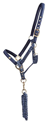QHP Halfter-Set Lily Halfter + Führstrick glänzend Zierkordel (Vollblut, Navy)