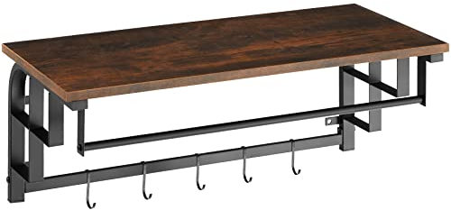 tectake Wandgarderobe mit Ablage aus Holz, Wandregal mit 5 abnehmbaren Haken und Hängestange, Industrial Design, 66 x 30 x 27 cm, schwarzes Metallgestell (Industrial dunkelbraun)