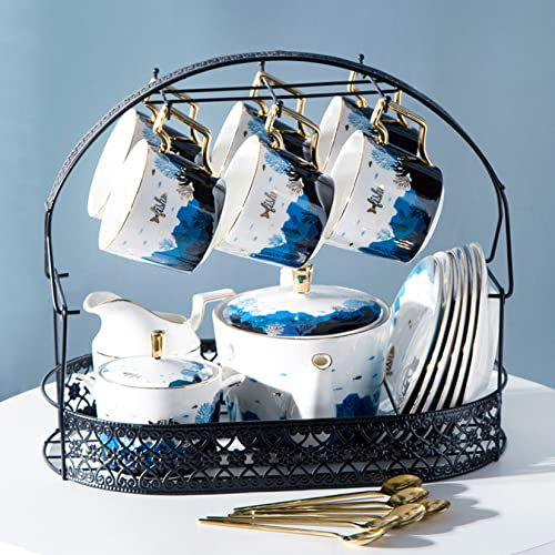 Set Di Tè in Ceramica Da 23 Pezzi Europei Servizio Per 6, Caffè Porcellana Con Lanciatore Crema Zucchero A Portata Metallo, Tazze Espresso Adulti Donne Tea Party,Blu
