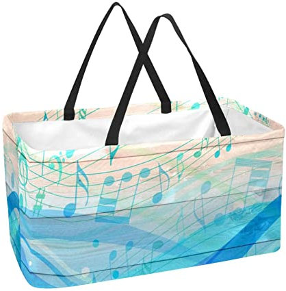 Bolsa de compras plegable grande, bolsa de compras reutilizable tablero de madera música nota azul