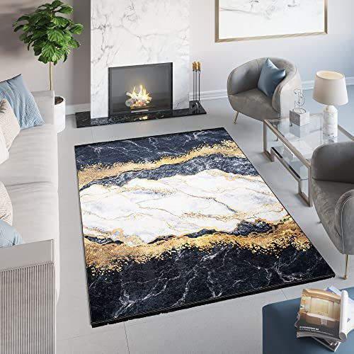 TAPISO Toscana Teppich Bedruckter Teppich Fransen Grau Golden Abstrakt Waschbar rutschfest Wohnzimmer Schlafzimmer Büro Modern Design 140 x 200 cm