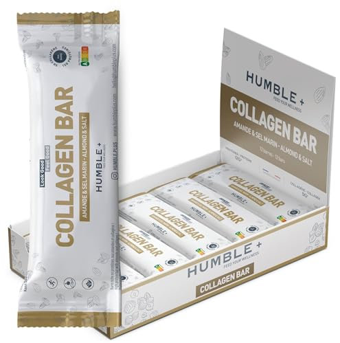 Barres Proteinées au Collagène (5g) et Protéines (12g) - Goût Amandes - Pack de 12 barres x 46g - Riche en Fibres, Sans sucre ajouté, Sans gluten, Sans huile de palme - Humble+