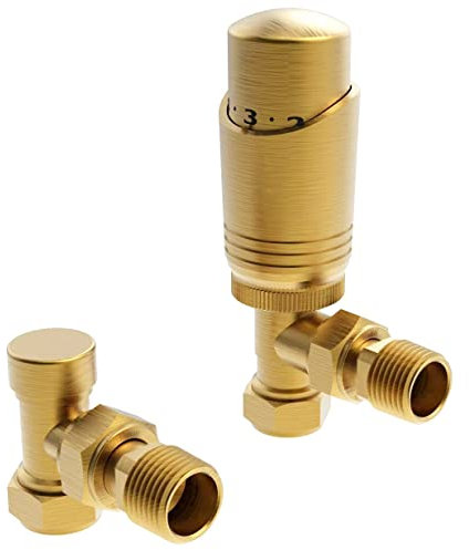 Brushed Brass Thermostatic Radiator Valve Angled TRV Corner Radiator Thermostat Valves (Angled)