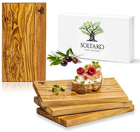 SOLTAKO Planchette de petit déjeuner en bois d´olivier, lot de 4 planches de petit déjeuner, planche de service en bois, 23x13 cm, mini plateau de fromage, petite planche de charcuterie