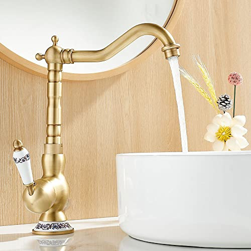 Maynosi Robinet Lavabo, Robinet d'évier de Cuisine, Robinet Rétro Avec bec Pivotant à 360°, Robinet Victorien en Céramique pour la Cuisine ou la salle de Bain, Laiton Antique