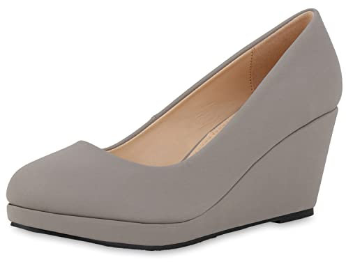 VAN HILL Damen Pumps Keilpumps Klassische Keilabsatz Schuhe Leder-Optik Wedges Basic Absatzschuhe 212647 Hellgrau 38
