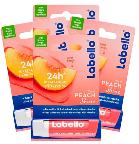 Labello Peach Shine Burrocacao Lippen Bunte Pfirsich Aroma Lip Balm Feuchtigkeitsspendend 24h mit natürlichen Inhaltsstoffen - 4 Sticks