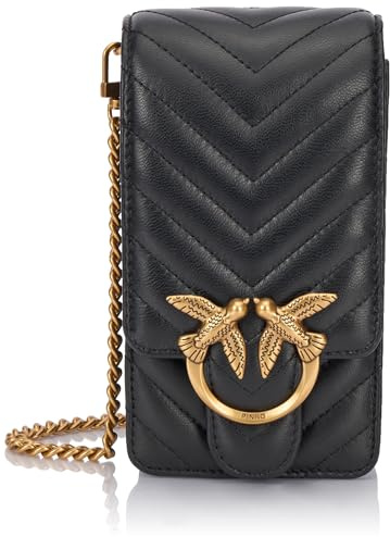 Pinko Love One Smart Sheep Nappa Chevron, Accessori da viaggio- Borsellino da portare al collo Donna, Z99q_nero-antique Gold, 12