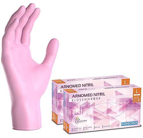 ARNOMED gants jetables rose, gants nitrile taille L, gant jetable 200 pièces (2 boîtes), gants en nitrile non poudrés & sans latex, gants jetable cuisine, gants a usage unique en XS, S, M & L