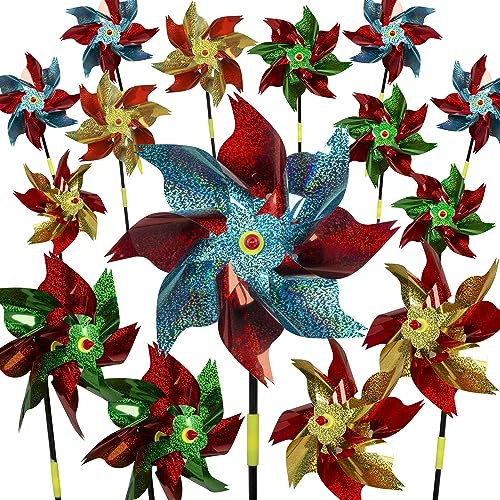 PROLOSO Lot de 15 moulins à vent holographiques réfléchissants en Mylar pour jardin, terrasse, piscine