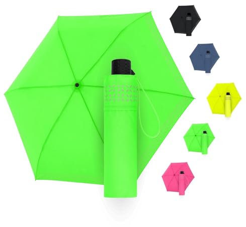 Doppler Regenschirm Safety Reflect in neon green I Regenschirm mit reflektierendem Rand & Handöffner I Mini Schirm mit passender Schirmtasche I Leichter Taschenschirm für Unterwegs
