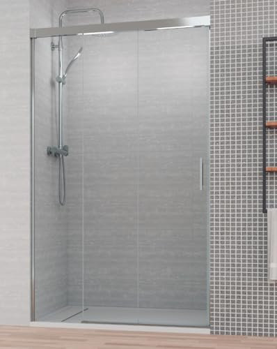 Mampara de Ducha Frontal Corredera 3 Hojas | 2 Puertas Correderas + 1 Fijo | Cristal Templado 6mm Antical | 195cm Altura | Perfil Cromo Brillo 150 cm (Adaptable 145,1-150cm)