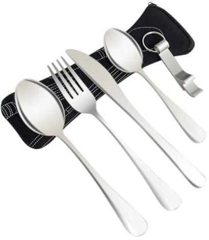YAZHED Cutlery Set with Portable Pouch Case, 5PCS Reusable Portable Cutlery Set, Stainless Steel Knife Fork Spoon Camping Cutlery Set with Bottle Opener for Camping Picnic Office School Lunch