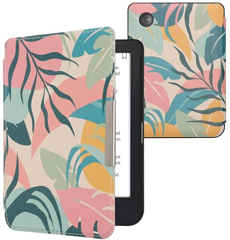 kwmobile Schutzhülle für Kobo Clara 2E / Tolino Shine 4 Hülle - eReader Flip Case mit Auto Sleep Funktion - Tropischer Dschungel mit Rosa Gelb Grün