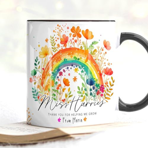 The Whistling Wren Personalised Rainbow Teacher Appreciation Thank You Mug Gift, End of Term Gift, Personalised Mug & Coaster Set for Teacher, TA or Mentor