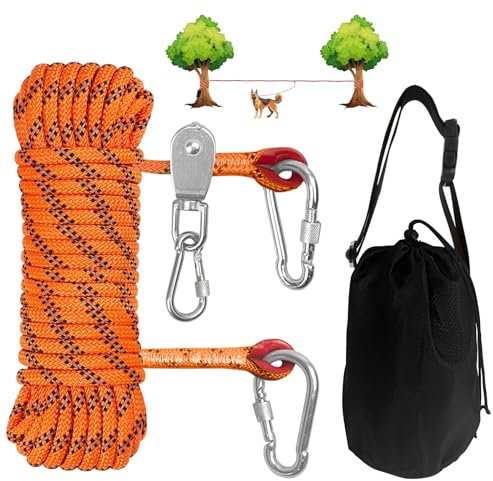 Dog Camping Essentials 15,2 m tragbares Überkopf-Trolley-System, Haustier-Camping-Leine für Hunde bis zu 90 kg, Hundeläufer für Hof, Orange