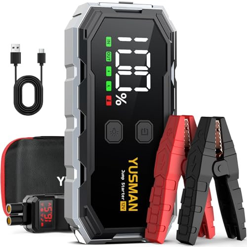 YUSMAN Arrancador de Coche, 6000A Arrancador de Baterias de Coche,12V Portátil Coche con para All Gasolina o 10L Diesel, Linterna LED de Emergencia,Carga Rápida, Pantalla LCD Extragrande