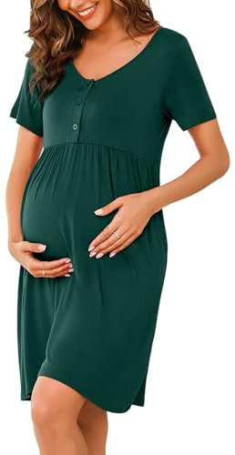 Bresdk Chemise de Nuit de Maternité à Boutons pour Femmes Vêtements de Nuit à Manches Courtes Hôpital d'allaitement, Bouton - Vert foncé, M